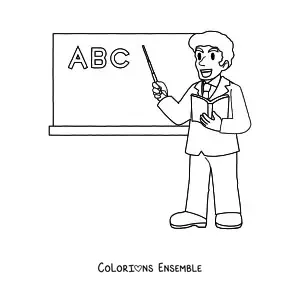 Image à colorier d’un enseignant donnant cours devant le tableau