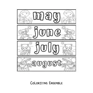 Image à colorier de fiches pour enfants avec les mois en anglais de mai à août