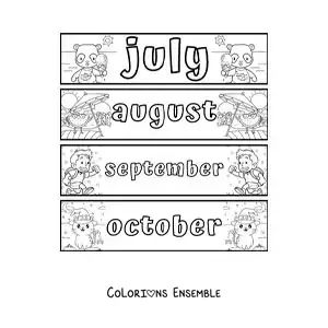 Image à colorier de fiches pour enfants avec les mois en anglais de juillet à octobre