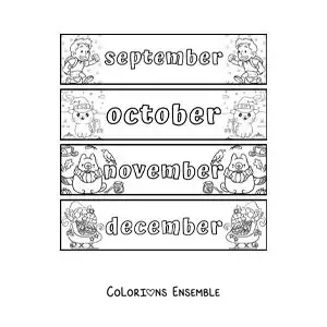 Image à colorier de fiches pour enfants avec les mois en anglais de septembre à décembre