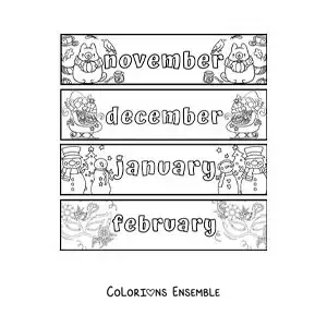 Image à colorier de fiches pour enfants avec les mois en anglais de novembre à février