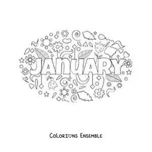 Image à colorier de janvier en anglais avec des fleurs