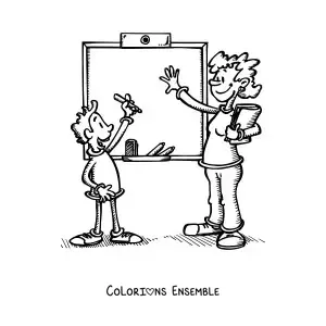 Image à colorier d’une maîtresse et d’un élève près du tableau