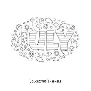 Image à colorier de juillet en anglais avec des fleurs