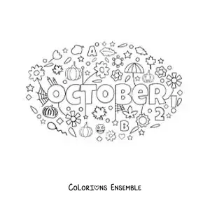 Image à colorier d’octobre en anglais avec des fleurs
