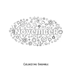 Image à colorier de novembre en anglais avec des fleurs