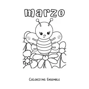 Image à colorier de mars avec une abeille animée au printemps