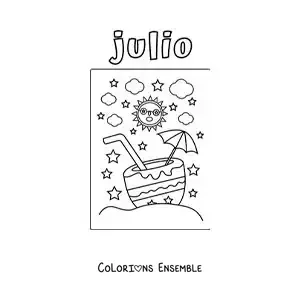 Image à colorier de juillet avec un soleil animé en été