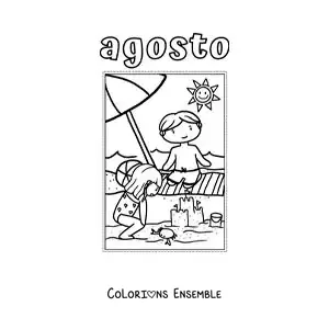 Image à colorier d’août avec des enfants en vacances à la plage