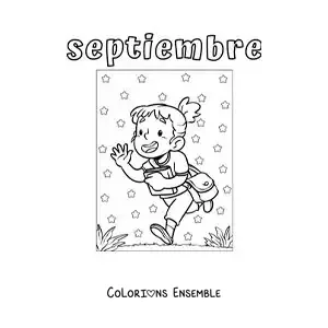 Image à colorier de septembre avec une fille en route pour l’école
