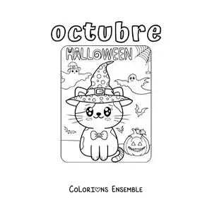 Image à colorier d’octobre avec un chat mignon pour Halloween
