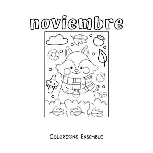 Image à colorier de novembre avec un renard animé en automne