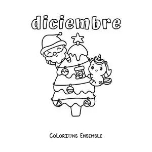 Image à colorier de décembre avec le Père Noël et une licorne sur le petit sapin