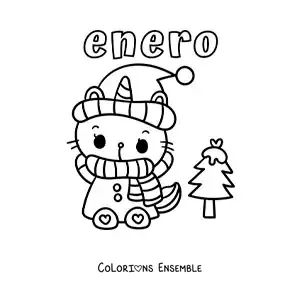 Image à colorier de janvier avec un chaton emmitouflé et un pin enneigé