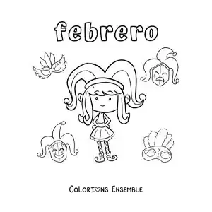 Image à colorier de février avec une fille au carnaval
