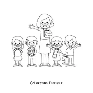 Image à colorier d’une maîtresse avec plusieurs élèves de primaire