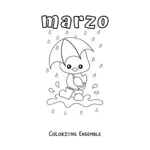 Image à colorier de mars avec un canard animé sous la pluie
