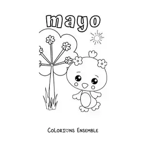 Image à colorier de mai avec un oiseau animé au printemps