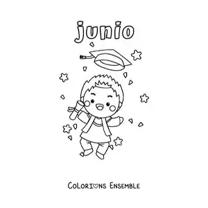 Coloriage de juin avec un enfant en toge qui tient un diplôme