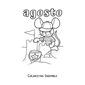 Coloriage d’août avec une souris rigolote qui construit un château de sable