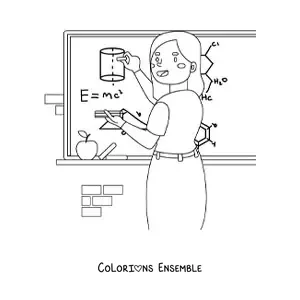 Image à colorier d’une professeure de sciences expliquant une formule