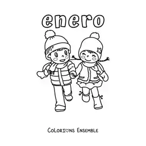 Coloriage de janvier avec deux enfants en vêtements d’hiver