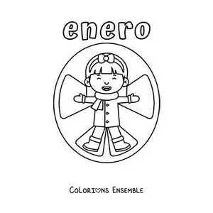 Coloriage de janvier avec une fille qui dessine un ange dans la neige
