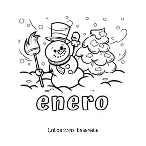Coloriage de janvier avec un bonhomme de neige rigolo et un sapin
