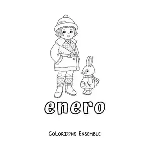 Coloriage de janvier avec une fille en vêtements d’hiver