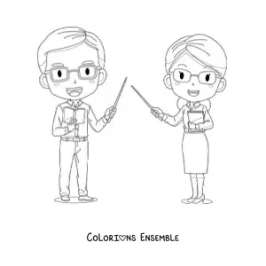 Image à colorier d’un couple d’enseignants avec des pointeurs de tableau