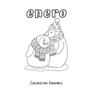 Coloriage de janvier avec des pingouins qui portent des écharpes