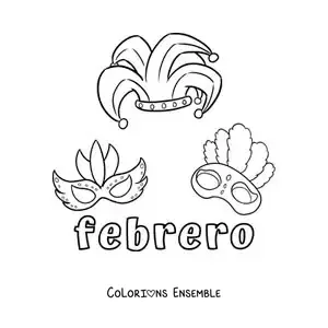Coloriage de février avec des masques de Carnaval rigolos