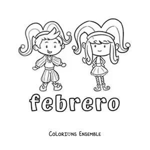 Coloriage de février avec deux enfants au Carnaval