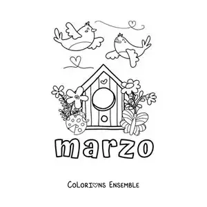 Coloriage de mars avec des oiseaux et des fleurs