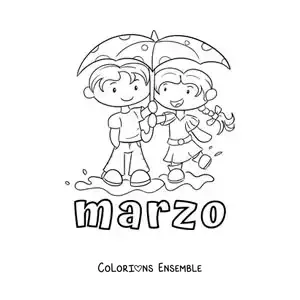 Coloriage de mars avec deux enfants sous leurs parapluies dans la pluie