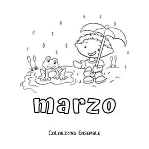 Coloriage de mars avec un garçon sous la pluie à côté d’un crapaud rigolo
