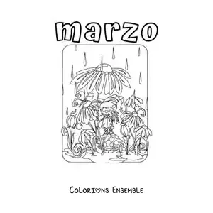 Coloriage de mars avec des fleurs sous la pluie