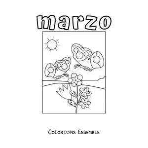 Coloriage de mars avec des fleurs de printemps et un papillon