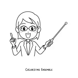 Image à colorier d’une enseignante avec un pointeur de tableau