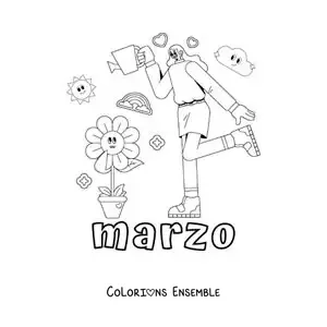 Coloriage de mars avec une fille qui arrose les fleurs