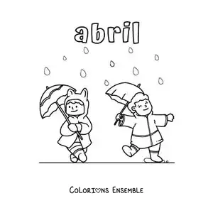 Coloriage d’avril avec des enfants sous la pluie