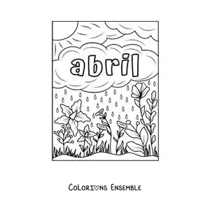 Coloriage d’avril avec un paysage de fleurs et de pluie