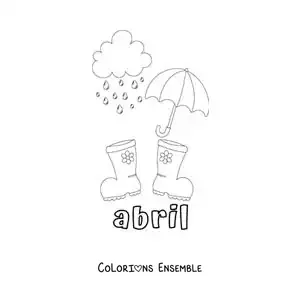 Coloriage d’avril avec des bottes de pluie et un parapluie