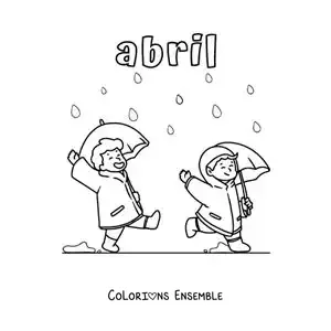 Coloriage d’avril avec des enfants qui sautent sous la pluie
