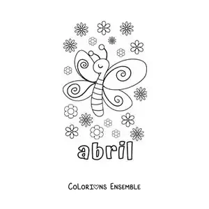Coloriage d’avril avec un papillon rigolo et des fleurs