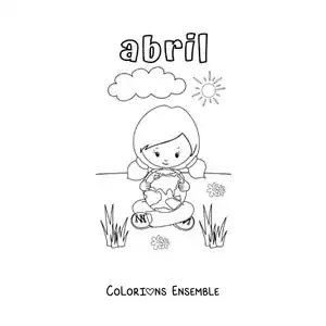 Coloriage d’avril avec une fille qui serre la Terre dans ses bras