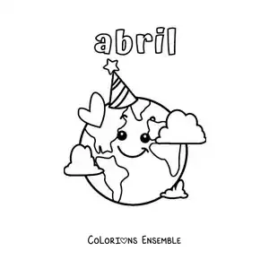 Coloriage d’avril avec la Terre rigolote qui porte un chapeau d’anniversaire pour sa journée