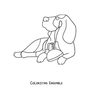 Image à colorier d’un basset hound allongé jouant avec une chaussure