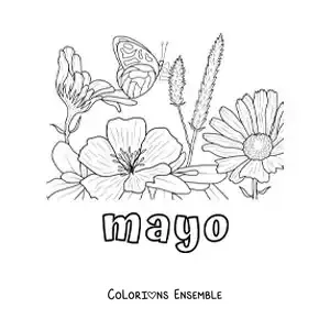 Coloriage de mai avec un papillon dans un jardin fleuri