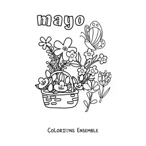 Coloriage de mai avec des fleurs de printemps dans un panier et un papillon